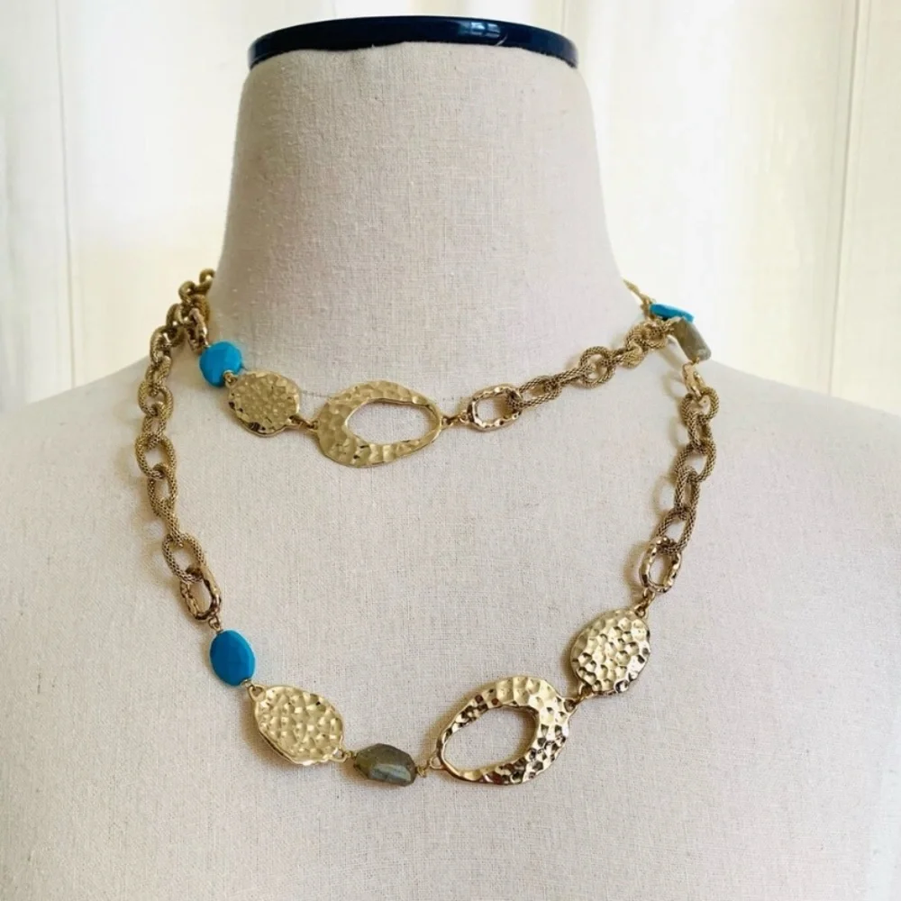 ALEXIS BITTAR • NEW Long Hammered Gemstone Mesh Custom Textured Link Necklace
